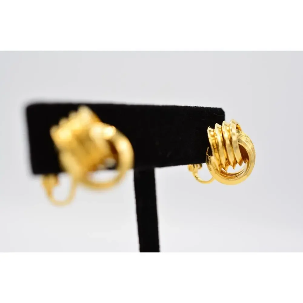 Vintage Clip On Earrings Knot Tie Stud Gold Huggie Round Metallic 1980s BinAA